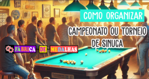 Torneio de Sinuca: Aprenda a Organizar do Zero com Este Guia Prático Campeonato de sinuca em bar com público assistindo, mesa verde, tacos, troféus e medalhas personalizadas em destaque.