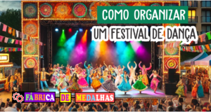 Como Organizar e Planejar um Festival de Dança Inesquecível Festival de dança ao ar livre com grupo de dançarinos no palco iluminado, trajes coloridos, público animado assistindo e barracas decoradas ao redor, em clima festivo e cultural.
