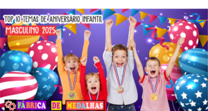 Top 10 temas de Aniversário Infantil Masculino em 2025 Crianças comemorando em uma festa infantil com medalhas no pescoço, balões coloridos ao fundo e bandeirolas decorativas, representando os Top 10 temas de aniversário masculino infantil em 2025