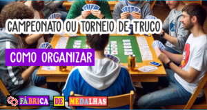 Como Organizar um Torneio de Truco entre Amigos: Guia Passo a Passo Super Fácil "Jogadores reunidos em um torneio de truco, segurando cartas e gritando 'Truco!' em um ambiente animado com torcida e prêmios."
