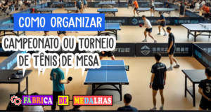 Como Organizar um Torneio de Tênis de Mesa: Guia Completo Passo a Passo Torneio de tênis de mesa indoor com jogadores em ação, mesas profissionais, público assistindo e mesa com medalhas personalizadas em destaque