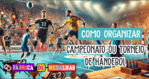 Como Organizar um Campeonato de Handebol: Guia Completo Passo a Passo Cena animada de um campeonato de handebol amador em um ginásio, com jogadores em ação, público vibrando e mesa com medalhas personalizadas prontas para a premiação