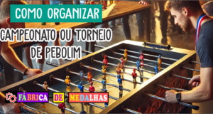 Como Organizar um Torneio de Pebolim Incrível: Guia Completo Passo a Passo Jogadores disputando um torneio de pebolim em ambiente interno, com torcida animada ao redor e medalhas personalizadas expostas sobre uma mesa, prontas para a premiação dos vencedores.