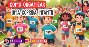 Como Organizar uma Corrida Infantil: Guia Completo e Divertido para um Evento de Sucesso Crianças participando de uma corrida infantil em um parque, com percurso sinalizado, balões coloridos e pais torcendo ao fundo