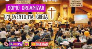 Como Organizar um Evento na Igreja Passo a Passo: Guia Completo para Sucesso Evento cristão em igreja com fiéis reunidos para louvor e adoração; decoração com versículos bíblicos, músicos tocando, mesa com medalhas personalizadas e clima acolhedor de fé e comunhão.
