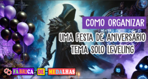 Como Organizar uma Festa de Aniversário Tema Solo Leveling: Guia Completo Decoração de festa de aniversário tema Solo Leveling com balões roxos e pretos, runas brilhantes, bolo temático e painel com caçador sombrio