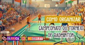 Como Organizar um Campeonato de Badminton: Guia Completo para Iniciantes Cena vibrante de um campeonato de badminton amador em um ginásio, com jogadores em ação, público assistindo e uma mesa com medalhas e troféus personalizados em destaque.