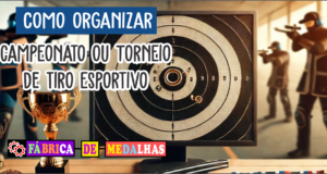 Como Organizar um Torneio de Tiro Esportivo: Guia Completo e Prático Imagem de capa de um torneio de tiro esportivo com alvo perfurado, mesa com medalhas e troféus e fundo de estande de tiro ao ar livre com atletas usando equipamentos de segurança.