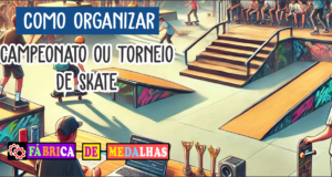 Como Organizar um Campeonato de Skate Inesquecível: Guia Completo Passo a Passo Campeonato de skate em parque público com jovens skatistas realizando manobras, público vibrando, banners coloridos, mesa de jurados e pódio com medalhas personalizadas — evento urbano e animado sob céu azul