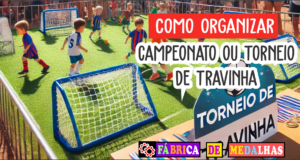 Como Organizar um Torneio de Travinha: Guia Prático e Completo "Crianças jogando futebol em um torneio de travinha ao ar livre, com mini traves, medalhas e troféu em destaque, durante um dia ensolarado em um parque."