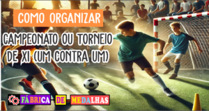 como Como Organizar um Torneio de X1 (Um Contra Um): Guia Completo Passo a Passo Cena dinâmica de um torneio de futebol x1 (um contra um) ao ar livre, com dois jovens jogadores em ação em uma quadra pequena. Um tenta driblar enquanto o outro defende, cercados por cones, marcações no chão e um mini gol. Ao fundo, espectadores vibram com a disputa sob a luz do sol, transmitindo emoção e energia do jogo