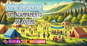 Como Organizar um Acampamento de Jovens: Guia Completo Passo a Passo "Jovens se divertindo em um acampamento ao ar livre com tendas, montanhas ao fundo e mesa com medalhas e prêmios."
