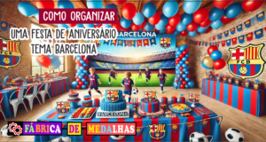 Como Organizar uma Festa de Aniversário Tema Barcelona: Dicas Criativas e Planejamento Festa de aniversário infantil com tema do FC Barcelona, com balões azul e grená, bolo em forma de bola de futebol, crianças com camisas do time e decoração inspirada no estádio Camp Nou.