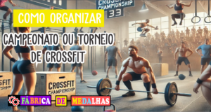 Como Organizar um Campeonato de CrossFit: Guia Completo para Iniciantes Atletas em ação em um campeonato de CrossFit, com público e juízes em um box moderno, equipamentos funcionais e ambiente vibrante.