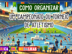 Campeonato de Atletismo: Tudo o que Você Precisa Saber para Organizar "Cena de campeonato de atletismo com atletas competindo em pista, arquibancadas cheias, juízes e pódio com medalhas e troféus, sob céu azul."
