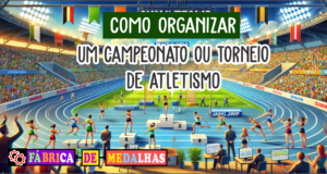Campeonato de Atletismo: Tudo o que Você Precisa Saber para Organizar "Cena de campeonato de atletismo com atletas competindo em pista, arquibancadas cheias, juízes e pódio com medalhas e troféus, sob céu azul."