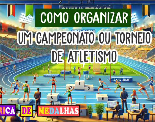 Campeonato de Atletismo: Tudo o que Você Precisa Saber para Organizar "Cena de campeonato de atletismo com atletas competindo em pista, arquibancadas cheias, juízes e pódio com medalhas e troféus, sob céu azul."