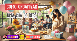 Como Organizar um Chá de Bebê Incrível: Guia Completo com Dicas Criativas Chá de bebê decorado com balões em tons pastéis, mesa de doces temática, convidados se divertindo com brincadeiras e medalhas personalizadas expostas como prêmios.