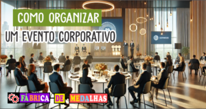 Como Organizar Eventos Corporativos de Sucesso: Guia Completo Passo a Passo Evento corporativo com profissionais em trajes formais sentados em mesas redondas, palco com palestrante e troféus expostos, em ambiente elegante e colaborativo.