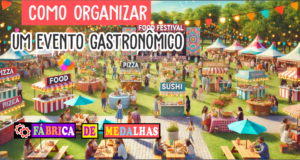 Como Organizar um Evento Gastronômico de Sucesso Evento gastronômico ao ar livre com barracas de comida, pessoas degustando pratos diversos, luzes decorativas e clima festivo.
