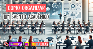 Como Organizar Eventos Acadêmicos de Sucesso: Guia Completo e Prático Capa de evento acadêmico com palestrante no palco, estudantes discutindo em mesas com laptops e pôsteres científicos ao fundo, em ambiente profissional e educativo.