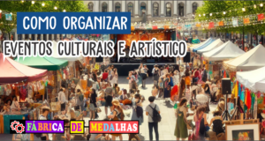 Como Organizar Eventos Culturais e Artísticos de Sucesso: Guia Completo Evento cultural e artístico ao ar livre com música ao vivo, exposições de arte, apresentações de dança e barracas coloridas em uma praça pública ensolarada, reunindo pessoas de diferentes idades e culturas em clima de celebração.
