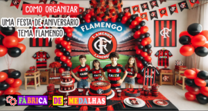 Como Organizar uma Festa de Aniversário Tema Flamengo: Guia Completo e Criativo "Festa de aniversário com tema Flamengo, decoração vermelha e preta com balões, bolo personalizado com escudo do Flamengo e convidados com camisas do time."