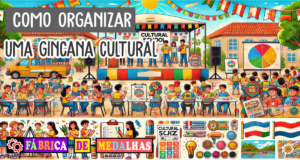Como Organizar uma Gincana Cultural Inesquecível: Guia Completo Passo a Passo Estudantes participando de uma gincana cultural ao ar livre, com apresentações artísticas, quiz, bandeiras, cartazes coloridos e medalhas sobre a mesa em um dia ensolarado.