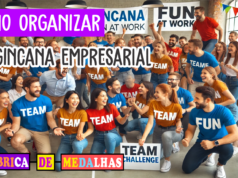 Gincana Empresarial: Dicas Práticas para Engajar Sua Equipe e Fortalecer o Espírito de Time Funcionários participando de uma gincana empresarial em equipe, com atividades divertidas em um ambiente corporativo decorado, promovendo integração e trabalho em equipe.