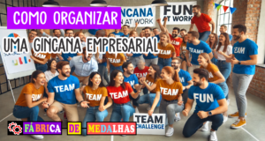 Gincana Empresarial: Dicas Práticas para Engajar Sua Equipe e Fortalecer o Espírito de Time Funcionários participando de uma gincana empresarial em equipe, com atividades divertidas em um ambiente corporativo decorado, promovendo integração e trabalho em equipe.