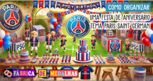 Como Organizar uma Festa de Aniversário Tema PSG: Guia Completo para os Fãs de Futebol Festa de aniversário com tema PSG decorada com balões vermelhos, azuis e brancos, bolo em forma de camisa do Paris Saint-Germain, crianças jogando futebol e mesa com troféus e medalhas personalizadas.