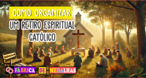 Como Organizar um Retiro Espiritual Católico: Guia Completo para um Encontro Transformador Grupo de pessoas em oração ao ar livre durante um retiro espiritual católico, reunidas em torno de uma cruz de madeira sob árvores, com uma capela ao fundo e luz suave atravessando a paisagem natural.