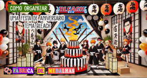 Como Organizar uma Festa de Aniversário Tema Bleach: Guia Completo com Dicas Criativas “Banner retangular ilustrando festa de aniversário inspirada em Bleach, com personagens estilo anime, bolo decorado, espadas, balões e decoração temática japonesa em preto e vermelho.”