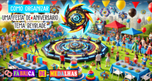 Como Organizar uma Festa de Aniversário Tema Beyblade para Crianças: Guia Completo “Cena de festa de aniversário infantil ao ar livre com tema de batalha de piões futuristas, decoração colorida com balões vermelhos, azuis e amarelos, mesa com bolo decorado, crianças reunidas em torno de uma arena de brinquedos giratórios e medalhas sobre uma mesa lateral.”