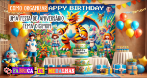 Como Organizar uma Festa de Aniversário Digimon Incrível: Guia Passo a Passo "Festa de aniversário infantil com tema de monstros digitais, estilo similar a Digimon, com decoração colorida, bolo temático, crianças fantasiadas e banner escrito 'Happy Birthday' em fonte pixelada."
