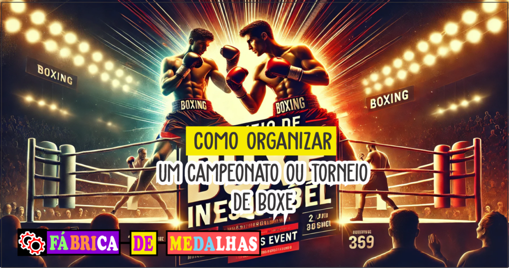 "Banner promocional de torneio de boxe com dois lutadores em ação no ringue, iluminação dramática e o título 'Torneio de Boxe Inesquecível' em destaque."