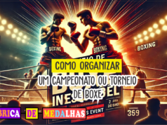 Como Organizar um Torneio de Boxe Inesquecível: Guia Completo Passo a Passo "Banner promocional de torneio de boxe com dois lutadores em ação no ringue, iluminação dramática e o título 'Torneio de Boxe Inesquecível' em destaque."