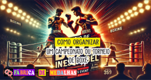 Como Organizar um Torneio de Boxe Inesquecível: Guia Completo Passo a Passo "Banner promocional de torneio de boxe com dois lutadores em ação no ringue, iluminação dramática e o título 'Torneio de Boxe Inesquecível' em destaque."