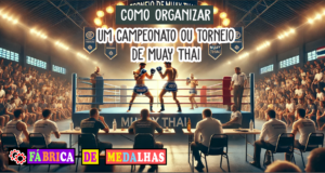 Como Organizar um Torneio de Muay Thai: Guia Completo do Zero ao Nocaute “Cena de um Torneio de Muay Thai com dois lutadores em combate, público animado e banner do evento ao fundo.”