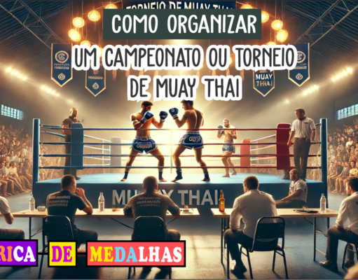 Como Organizar um Torneio de Muay Thai: Guia Completo do Zero ao Nocaute “Cena de um Torneio de Muay Thai com dois lutadores em combate, público animado e banner do evento ao fundo.”