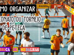 Como Organizar um Torneio de Peteca: Guia Completo para um Evento Inesquecível Jogadores participando de um torneio de peteca ao ar livre em um dia ensolarado, com torcida nas laterais, rede montada em quadra demarcada, bandeiras coloridas e mesa com medalhas personalizadas ao fundo.