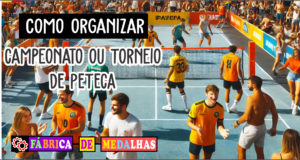 Como Organizar um Torneio de Peteca: Guia Completo para um Evento Inesquecível Jogadores participando de um torneio de peteca ao ar livre em um dia ensolarado, com torcida nas laterais, rede montada em quadra demarcada, bandeiras coloridas e mesa com medalhas personalizadas ao fundo.