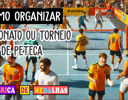 Como Organizar um Torneio de Peteca: Guia Completo para um Evento Inesquecível Jogadores participando de um torneio de peteca ao ar livre em um dia ensolarado, com torcida nas laterais, rede montada em quadra demarcada, bandeiras coloridas e mesa com medalhas personalizadas ao fundo.