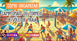 Como Organizar um Torneio de Vôlei de Praia: Guia Completo e Atualizado Cena de um torneio de vôlei de praia com jogadores em ação, quadra na areia, público assistindo em tendas, com mar ao fundo e céu ensolarado.