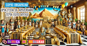Como Organizar uma Festa de Aniversário com Tema Egito Antigo: Guia Completo "Cena de festa de aniversário com tema Egito Antigo, incluindo pirâmides douradas, colunas egípcias, convidados fantasiados de faraós e deuses, decoração dourada e azul, mesas temáticas e medalhas personalizadas."