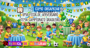 Como Organizar uma Festa de Aniversário Tema Campeonato Brasileiro: Dicas e Ideias Incríveis "Festa de aniversário infantil com tema Campeonato Brasileiro, crianças brincando com bola de futebol, decoração verde e amarela, bolo em formato de campo de futebol e medalhas sobre um pódio."