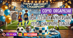 Como Organizar uma Festa de Aniversário com Tema Champions League: Guia Completo Festa de aniversário infantil com tema Champions League, com decoração azul, branca e dourada, bolo em formato de campo de futebol com troféu, balões com escudos de times europeus e crianças usando camisetas de futebol jogando bola.