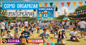 Como Organizar uma Gincana Incrível: Passo a Passo para Garantir Diversão e Engajamento Participantes de uma gincana ao ar livre competindo em provas como corrida de saco e cabo de guerra, com bandeiras coloridas, balões e clima ensolarado.