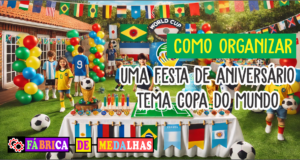Como Organizar uma Festa de Aniversário Tema Copa do Mundo: Passo a Passo Completo "Festa de aniversário com tema Copa do Mundo, decorada com bandeiras de vários países, balões coloridos, bolo em formato de campo de futebol, convidados com camisas de seleções e mesa com medalhas personalizadas."