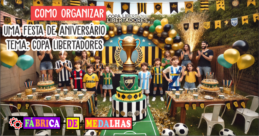 "Festa de aniversário com tema Copa Libertadores, decorada com balões dourados e verdes, bolo em formato de campo de futebol, pessoas com camisas de times sul-americanos, e mesa com medalhas e troféus personalizados."